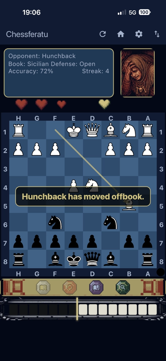 Chessferatu battle screen showing Hunchback has moved off book
