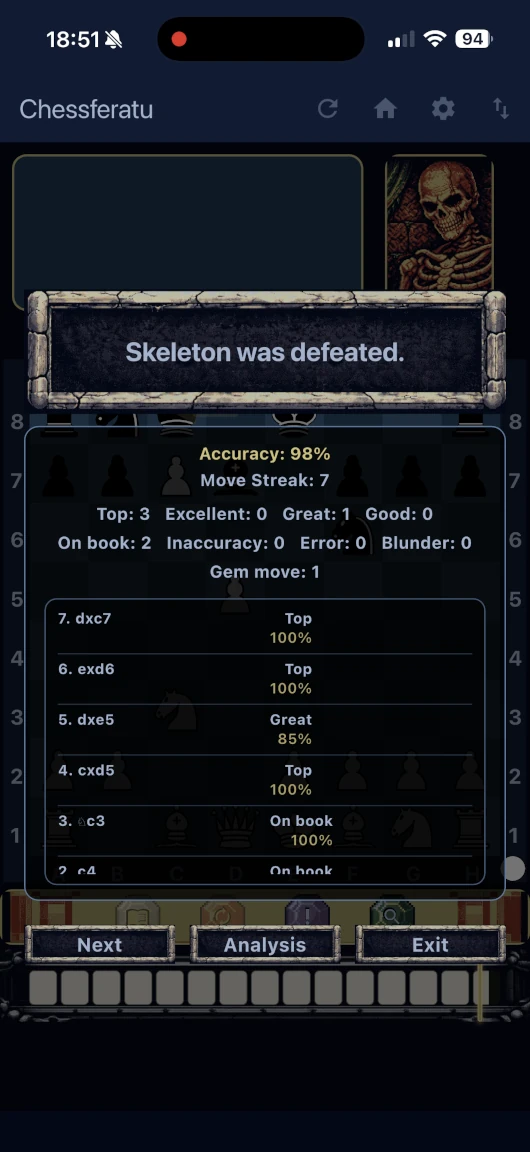 Chessferatu phone screenshot showing Hunchback Sicilian battle